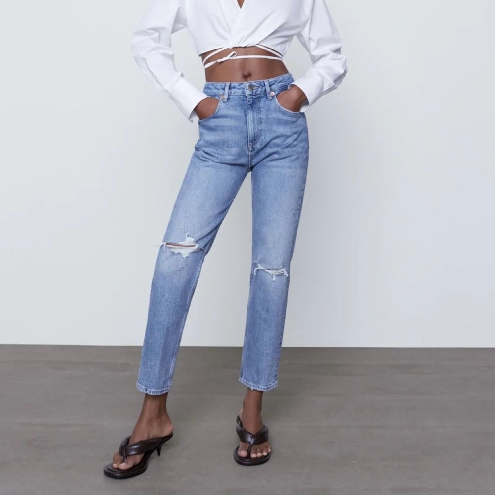 {Zara} Slim Fit High Rise Ripped Blue Jeans